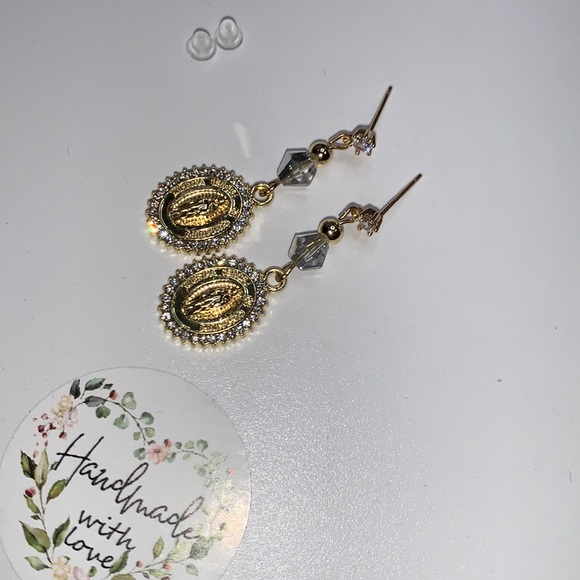 Cubic Zirconia Stud Post Earrings with Gold Plated Pendant and Rhinestones - Picture 5 of 14